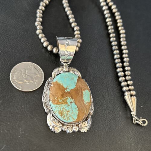 Navajo Pearls Sterling Silver Necklace Pendant | Blue Turquoise #8 | Authentic Native American Handmade | 14808