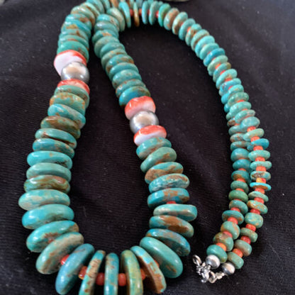 Navajo Necklace | Green Turquoise & Spiny Oyster | Sterling Silver | Authentic Native American | 28" Graduated | 01088