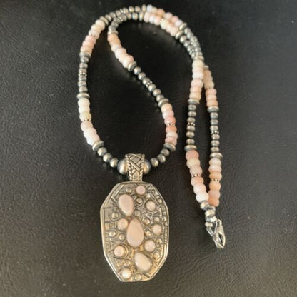 Navajo Pink Opal Beads Necklace | Multi-Stone Mother of Pearl Pendant | Sterling Silver | 13441