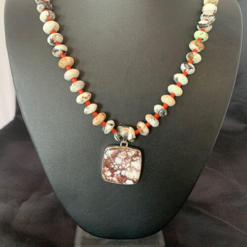 Navajo Coral Wild Horse Turquoise Pendant Necklace | Sterling Silver | Authentic Native American Handmade | 10267