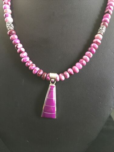 Navajo Purple Sugilite Inlay Pendant Necklace | Sterling Silver | 17" | Authentic Native American Handmade | 10008