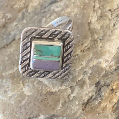 Navajo Green Turquoise Sugilite Inlay Ring | Sz 7 | Sterling Silver | Authentic Native American Handmade | 11287