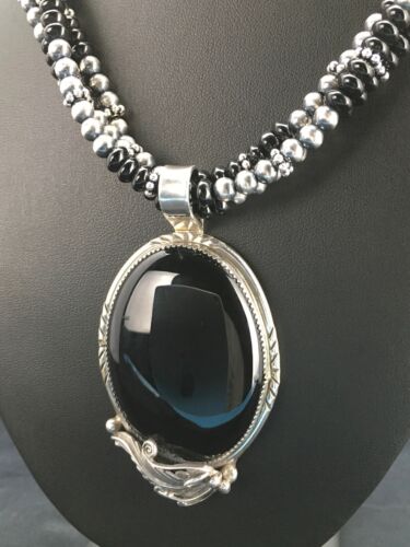 Navajo Pearls Sterling Silver Black Onyx Necklace | 3 Strand Pendant | 23" | Authentic Native American Handmade | 1012