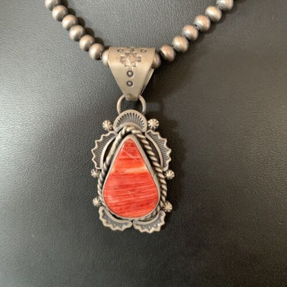 Navajo Red Spiny Oyster Pendant | Sterling Silver | 2" | Authentic Native American Handmade | 13320