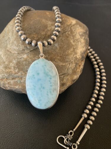 Navajo Blue Larimar Pendant Beads Necklace | Sterling Silver | Authentic Native American Handmade | 1763 - Masha USA