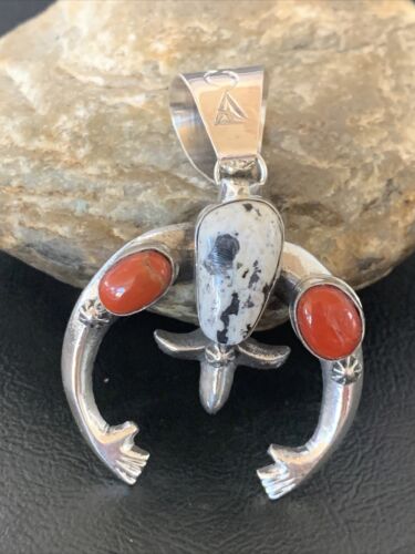 Navajo White Buffalo Turquoise Coral Naja Pendant | Sterling Silver | Authentic Native American Handmade | 11573