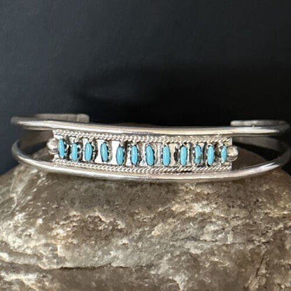 Zuni Blue Turquoise Needle Point Cuff Inlay Bracelet | Sterling Silver | Authentic Native American Handmade | 14594