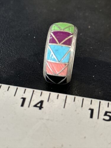 Multi-Color Blue Turquoise Gaspeite Inlay Ring | Sterling Silver | Sz 10 | Native American Handmade | 14502