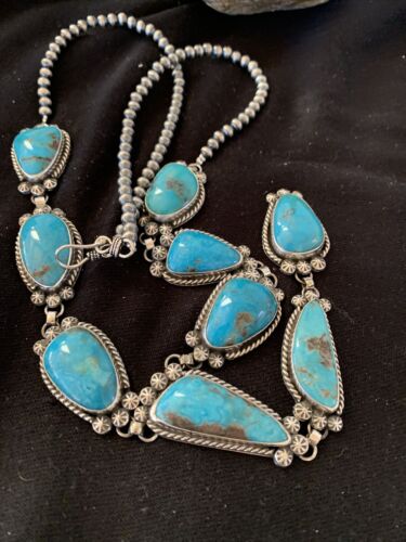 Navajo Kingman Turquoise Pendant Lariat Necklace | Sterling Silver Navajo Pearls | 1188