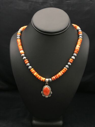 Navajo Orange Spiny Oyster Pendant Necklace | Sterling Silver Beads | Authentic Native American Handmade | 2689 - Masha USA