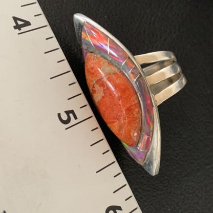 Navajo Red Spiny Oyster Opal Inlay Ring | Sterling Silver | Sz 6 | Authentic Native American Handmade | 12842