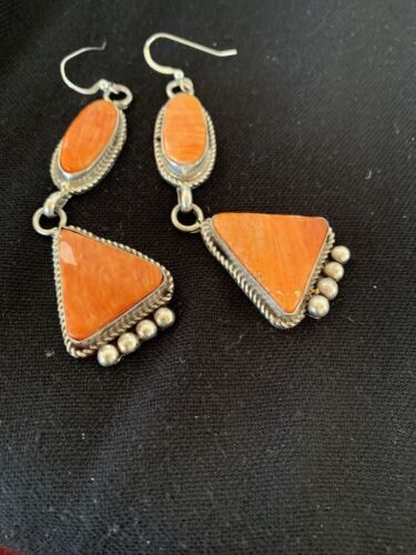 Navajo Orange Spiny Oyster Dangle Earrings | Sterling Silver | Authentic Native American Handmade | 199