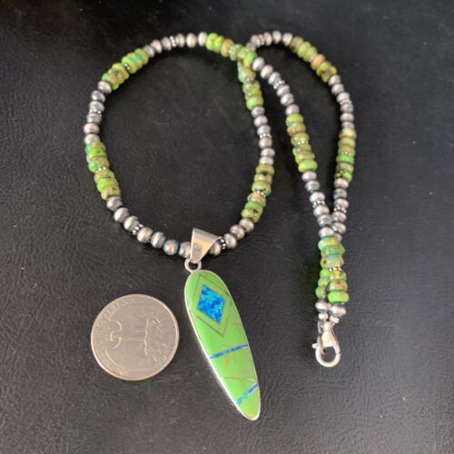 Navajo Green Turquoise Gaspeite Inlay Necklace | Sterling Silver | Authentic Native American Handmade | 13809