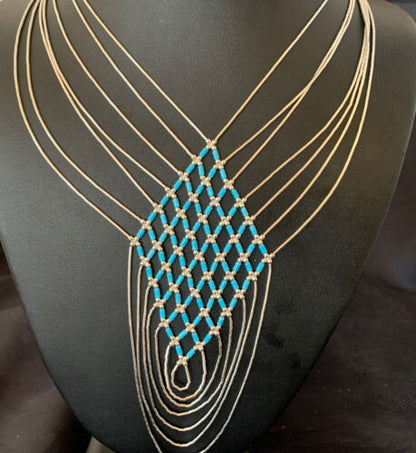 Navajo Blue Turquoise Liquid Heishi Necklace | 7 Strand Sterling Tubes | 18" | Authentic Native American | 12626