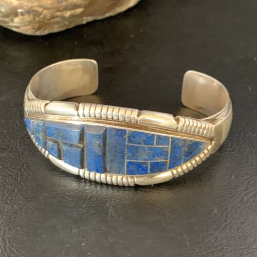 Native American Men's Blue Lapis Inlay Cuff Bracelet | Navajo Sterling Silver | 13709