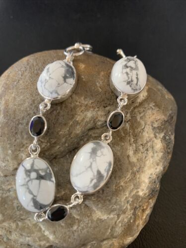 Native American Sterling Silver Smoky Quartz White Howlite Link Bracelet | 8" | 11656