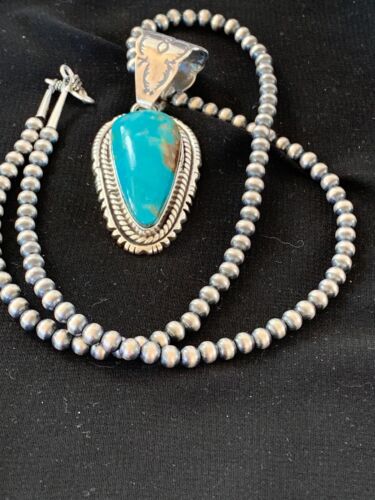 Navajo Kingman Turquoise Necklace Pendant Set | Sterling Silver | Authentic Native American Handmade | 2992