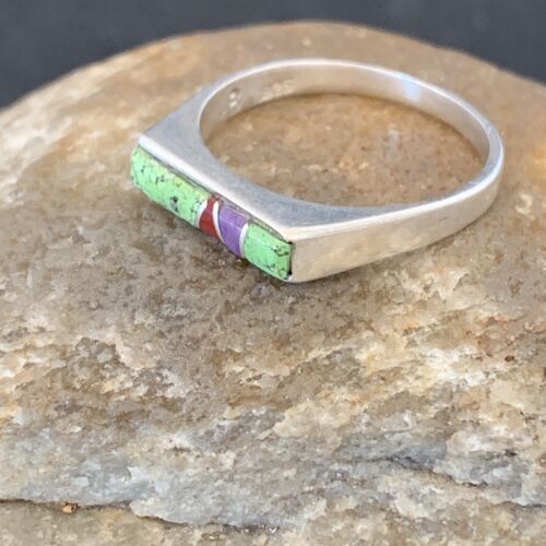 Navajo Green Gaspiete Sugilite Red Coral Inlay Ring | Sz 8.25 | Authentic Native American Handmade | 2258