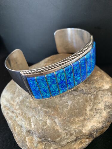 Zuni Blue Faux Opal Inlay Cuff Bracelet | Sterling Silver | Authentic Native American Handmade | 01024