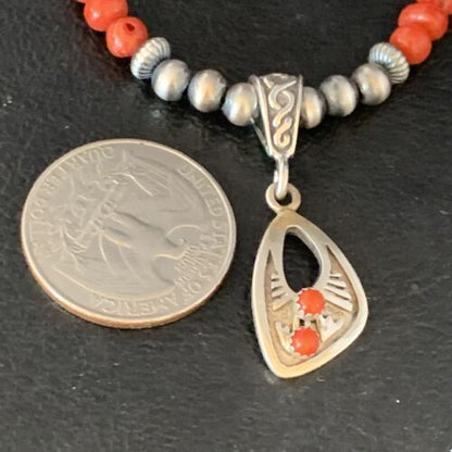 Native American Navajo Red Coral Pendant Necklace | Sterling Silver | 13842