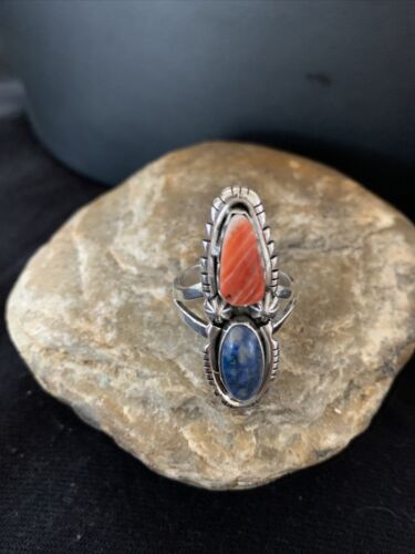 Navajo Red Spiny Oyster, Lapis, and Multi-Stone Ring | Authentic Native American Sterling Silver | Sz 10.5 | 1077