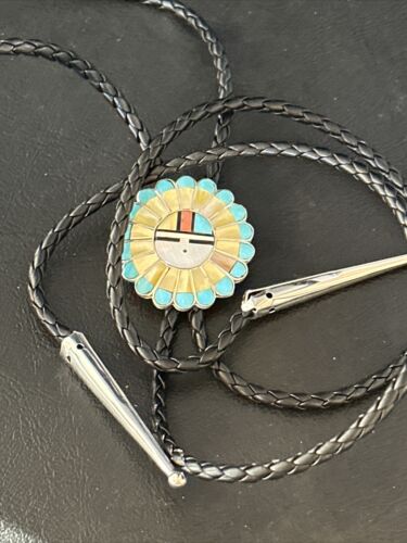 Men's Bolo Tie | Zuni Sunface Mother of Pearl Coral Turquoise Inlay | Sterling Silver | 14755