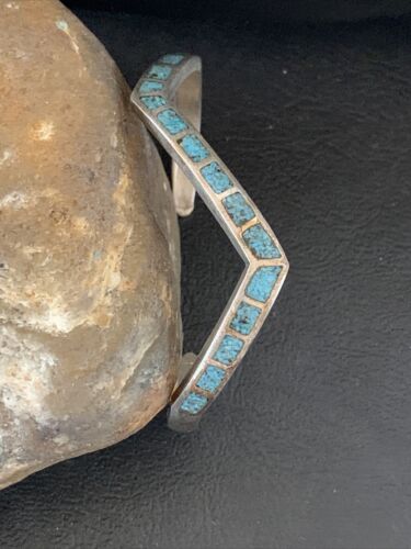 Navajo Old Pawn Blue Turquoise Chip Inlay Bracelet | Sterling Silver | Authentic Native American Handmade | 1168