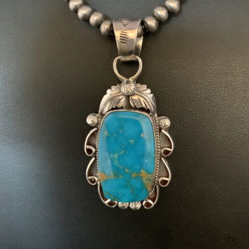 Men's Navajo Blue Kingman Turquoise Pendant Necklace | Sterling Silver | Authentic Native American Handmade | 13665