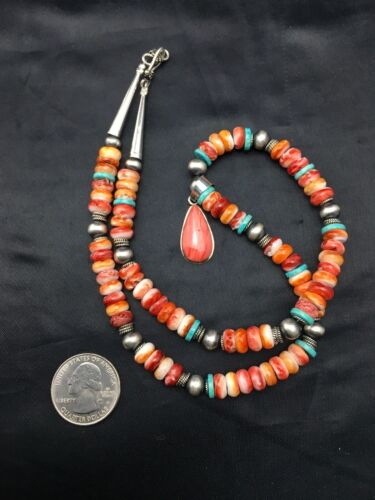 Navajo Spiny Oyster Turquoise Pendant Necklace | Sterling Silver | 19" | Authentic Native American Handmade | 4522