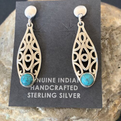 Navajo Blue Turquoise Dangle Post Earrings | Sterling Silver | 1" | Authentic Native American Handmade | 12759