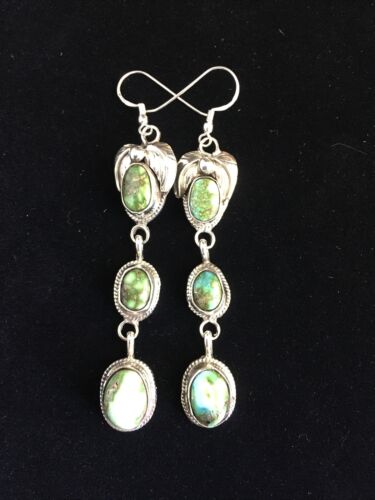 Navajo Green Sonoran Gold Turquoise 3Dangle Earrings | Sterling Silver | Authentic Native American Handmade | 1791