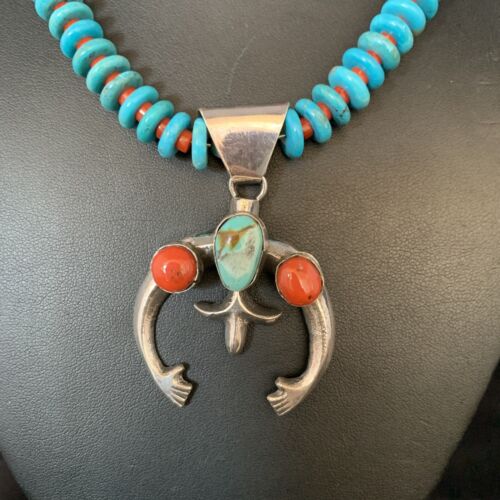 Navajo Sterling Silver Necklace | Blue Turquoise & Coral Naja Pendant | Authentic Native American Handmade | 13748