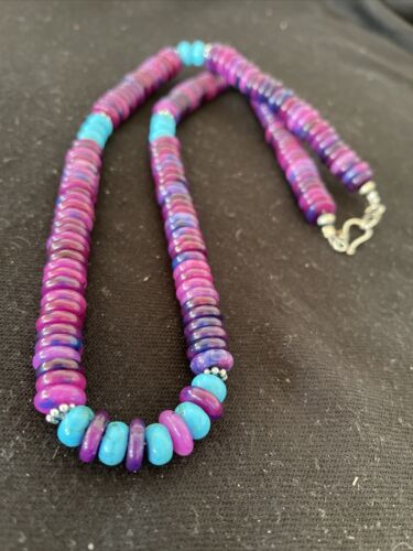 Navajo Sterling Silver Necklace | Purple Sugilite & Turquoise Beads | Authentic Native American Handmade | 21" | 1170