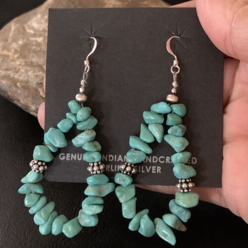 Navajo Turquoise Bead Nugget Earrings | Sterling Silver Pearls | 2" | Authentic Native American Handmade | 12888