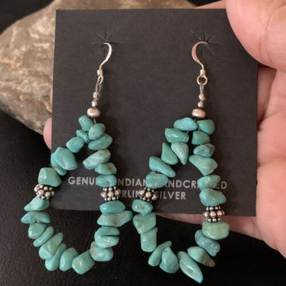 Navajo Turquoise Bead Nugget Earrings | Sterling Silver Pearls | 2" | Authentic Native American Handmade | 12888