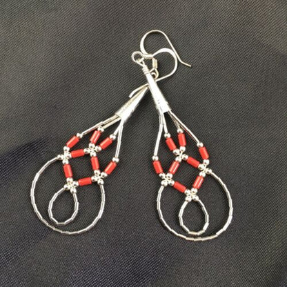 Native American Red Coral Tube Heishi Dangle Earrings | Liquid Sterling Silver | 2" | 3104