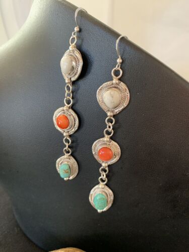 Navajo Spiny, Turquoise & Howlite Dangle Earrings | Sterling Silver | Authentic Native American Handmade | 1570