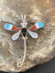 Zuni Turquoise Mother of Pearl Inlay Dragonfly Necklace Pin Pendant | Sterling Silver | 12317