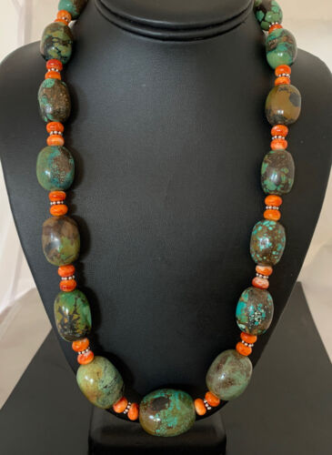 Navajo Green Turquoise & Orange Spiny Oyster Necklace | Sterling Silver | 23" | Authentic Native American Handmade | 1847