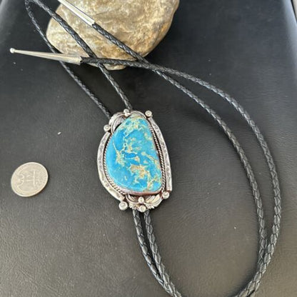 Navajo Blue Kingman Turquoise Bolo Tie | Sterling Silver | Authentic Native American Handmade | 14253