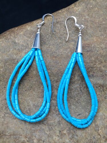 Liquid Silver Heishi Dangle Earrings | Blue Turquoise | Sterling Silver | 3-Strand | 2.5" | 4371