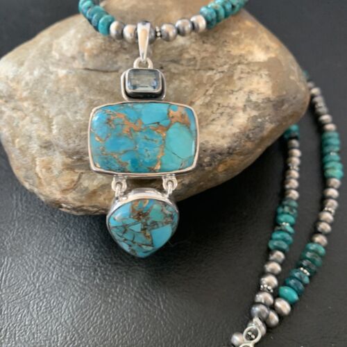 Navajo Pearls Sterling Silver Necklace with Blue Mojave AZ Turquoise Pendant | Multi-Stone | 11819