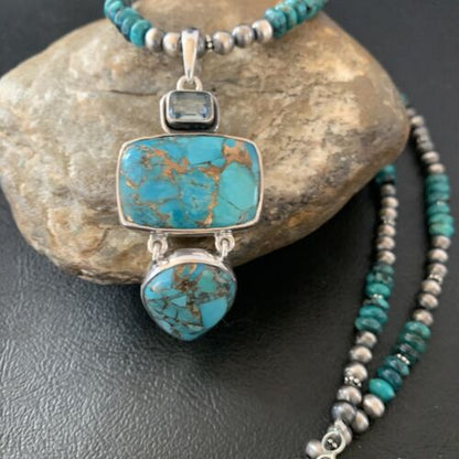 Navajo Pearls Sterling Silver Necklace with Blue Mojave AZ Turquoise Pendant | Multi-Stone | 11819