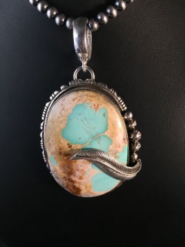 Royston Turquoise Pendant | Navajo Pearls Sterling Silver Necklace | Authentic Native American Handmade | 8730