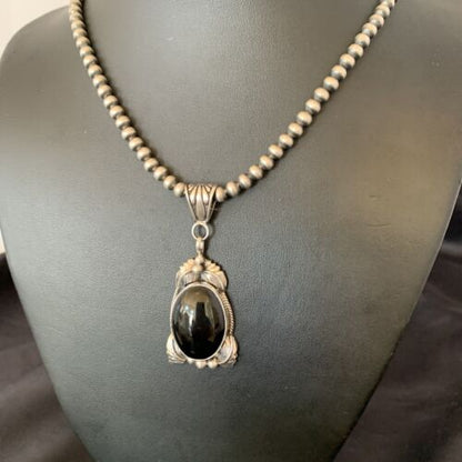 Native American Men's Pendant | Navajo Pearls | Sterling Silver Black Onyx Necklace | 10744