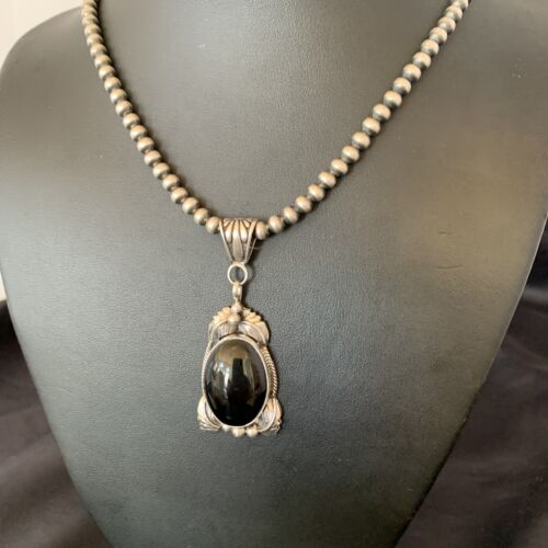 Native American Men's Pendant | Navajo Pearls | Sterling Silver Black Onyx Necklace | 10744