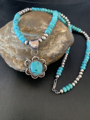 Navajo Blue Turquoise Pendant Necklace | Sterling Silver Pearls | Authentic Native American Handmade | 13217