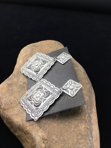 Handmade Sterling Silver Stamped Earrings | Navajo | Authentic Native American Jewelry | 2.75" | 01725 - Masha USA