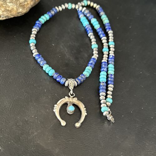 Navajo Blue Turquoise Lapis Necklace Pendant | Authentic Native American Sterling Silver | Naja | 14638