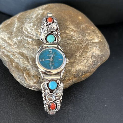 Navajo Blue Turquoise & Coral Watch Tips | Sterling Silver | Authentic Native American Jewelry | 14325